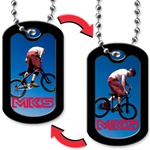 Lenticular dog tag with BMX x-Games cyclist does a trick jump off a halfpipe, flip