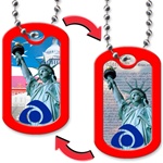 Lenticular dog tag with Statue of Liberty switches backgrounds from US flag to Constitution, flip