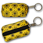 Lenticular purse key chain with black spinning wheels on yellow background, animation