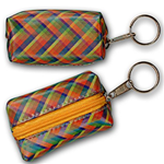 Lenticular purse key chain with vibrant colorful plaid pattern, color changing