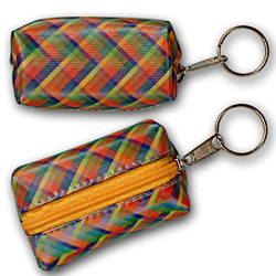 Lenticular purse key chain with vibrant colorful plaid pattern, color changing