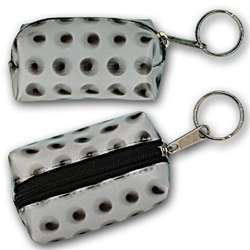 Lenticular purse key chain with black circles spin around on a white background, animation