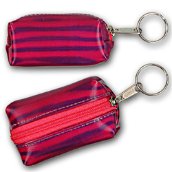 Lenticular purse key chain with pink and purple zebra stripes, color changing depth