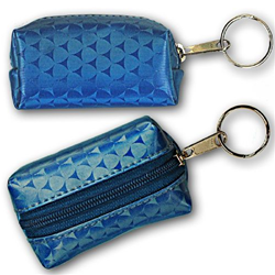Lenticular purse key chain with blue triangles on a silver and blue gradient background, flip