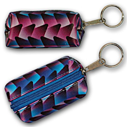 Lenticular purse key chain with black, blue, and purple interwoven pattern, color changing