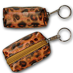 Lenticular purse key chain with wild animal leopard print, color changing flip