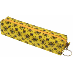 Lenticular pencil case globo with black spinning wheels on yellow background, animation