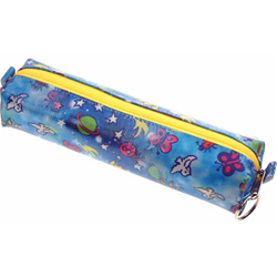 Lenticular pencil case with outer space stars, planets, ships, and galaxies, day and night, flip