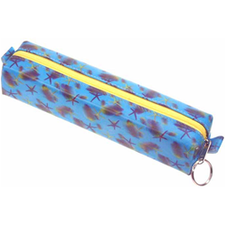 Lenticular pencil case with sea stars, fish, and sea shells on a light blue background, depth