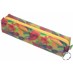Lenticular pencil case with large spring time red and orange flowers, depth