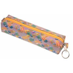 Lenticular pencil case with multicolored pencils on a pink and purple background, depth