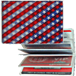Lenticular credit card ID holder with USA flag stars and stripes, color changing flip