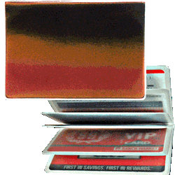 Lenticular credit card ID holder with red, yellow, and black gradient, color changing