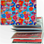 Lenticular credit card ID holder with red, blue, pink, and purple flowers, depth