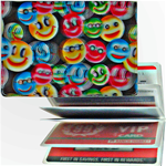 Lenticular credit card ID holder with small rainbow multicolored happy faces, depth