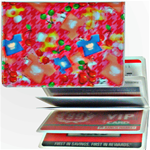 Lenticular credit card ID holder with mushrooms, stars and t-shirts on a pink background, depth