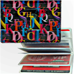 Lenticular credit card ID holder with rainbow alphabet letters on black background, depth