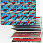 Lenticular credit card ID holder with purple and white dolphins on a blue background, depth