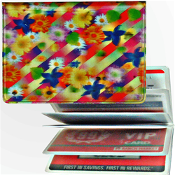 Lenticular credit card ID holder with multicolored flowers on a rainbow background, depth