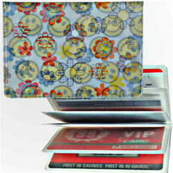 Lenticular credit card ID holder with flowers and happy faces, flip