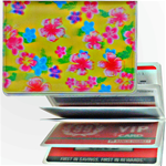 Lenticular credit card ID holder with pink, blue, and green flowers on a yellow background, depth