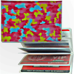 Lenticular credit card ID holder with pink, blue, and yellow camouflage print, depth