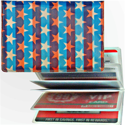 Lenticular credit card ID holder with American flag patriotic stars and stripes, color changing flip