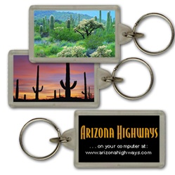 Lenticular acrylic key chain with custom design, dry Arizona or New Mexico desert with cactus, flip