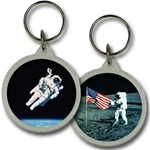 Lenticular acrylic key chain with circle shaped, custom design, NASA astronaut on Moon and floating in Earth orbit, flip