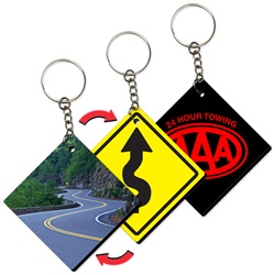 Lenticular foam key chain with diamond road sign shaped, winding road and caution sign, flip
