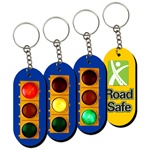 Lenticular foam key chain with oblong shaped, traffic light switches between red, yellow, and green, animation