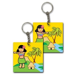 Lenticular foam key chain with custom design, hula girl dances on a beach with palm trees, flip