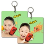 Lenticular foam keychain with custom design, Snapple young woman smiles and splashes cherry drink, flip