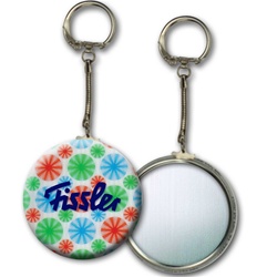 Lenticular key chain with red, blue, and green spinning wheels, white background, animation