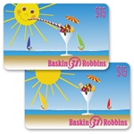 Lenticular gift card with summer sun sipping fruit sundae out of martini glass on beach, flip