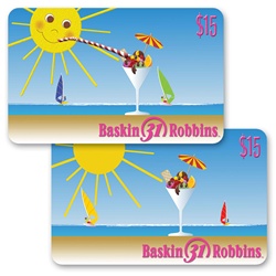 Lenticular gift card with summer sun sipping fruit sundae out of martini glass on beach, flip