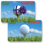 Lenticular gift card with golf ball on tee has gift ribbon appear wrapped around it, flip