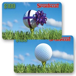 Lenticular gift card with golf ball on tee has gift ribbon appear wrapped around it, flip