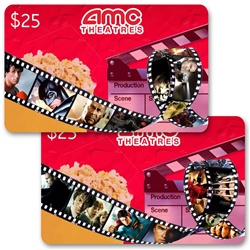 Lenticular gift card with custom design, AMC movie theatres film reel changes pictures, flip