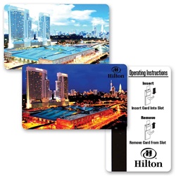 Lenticular access key card with Hilton Las Vegas casino switches images from day to night, flip