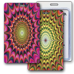 Lenticular luggage tag with psychedelic kaleidoscope pattern, yellow-orange and yellow-pink, flip