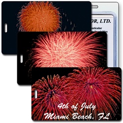 Lenticular luggage tag with red and orange fireworks going off on the Fourth of July, animation