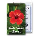 Lenticular luggage tag with large red tropical Hawaiian hibiscus flower Image