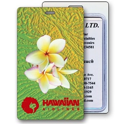 Lenticular luggage tag with large white tropical Hawaiian plumeria flower Image
