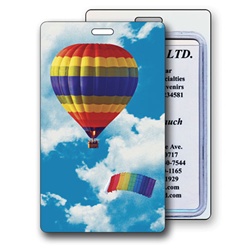 Lenticular luggage tag with rainbow striped hot air balloon and parachute in cloudy summer sky, depth