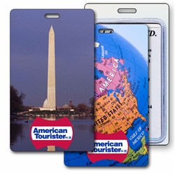 Lenticular luggage tag with design that flips between images of the Washington Monument and Map of North America.