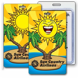 Lenticular luggage tag with tropical Hawaiian palm tree and cartoon faced Sun, flip