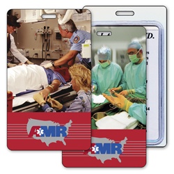 Lenticular luggage tag with group of surgeons and nurses in hospital, stand over operating table, flip