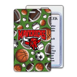 Lenticular luggage tag with baseballs, soccer balls, futbols, basketballs, and American footballs, depth