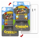Lenticular Luggage tag with Backpack tag with school bus full of children. Back to school and the wheels on the bus go round and round animation, flip